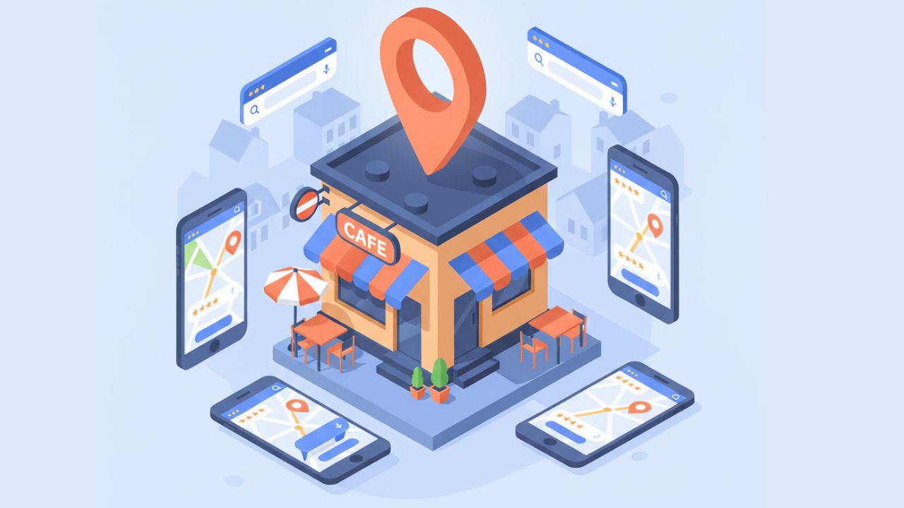 Local Seo 2025 Café mit Standortmarkierung und Handys