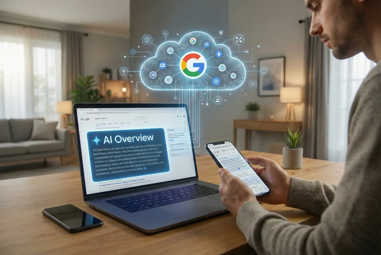 Person nutzt Google AI auf Geräten.
